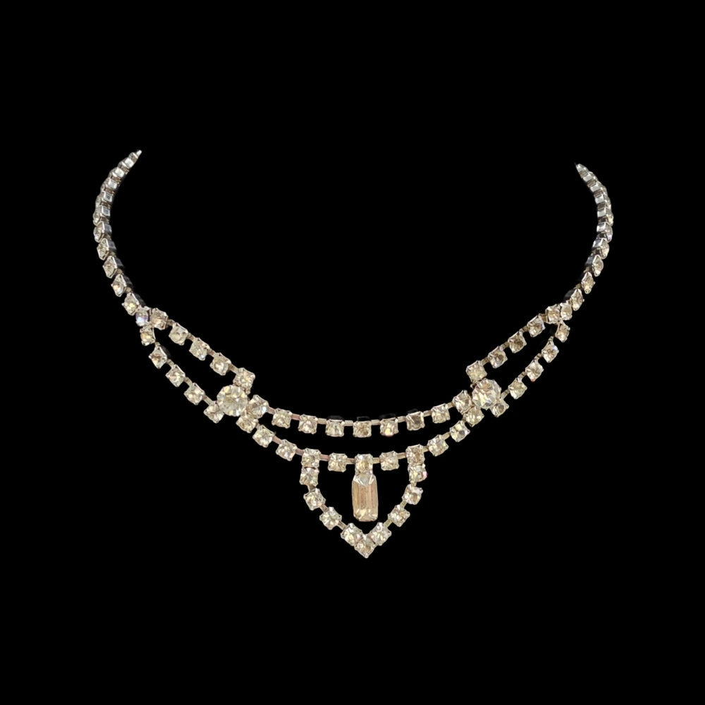 Vintage Art Deco Rhinestone Heart Bib Drop Necklace Silver - Picture 2 of 8